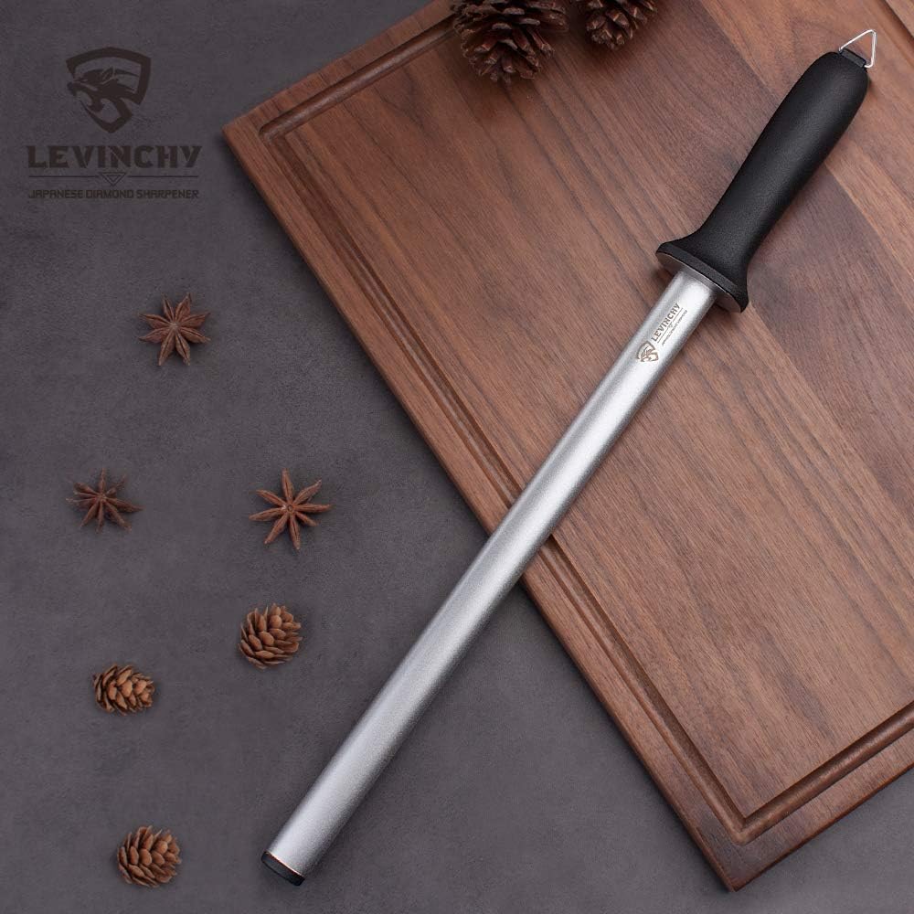 Buy 2 get 3 LEVINCHY Diamond Knife Sharpening Steel 12 inch, Professional Diamond coating Honing Steel, Premium Diamond Knife Sharpener Rod for all knives, Lightweight & Durable