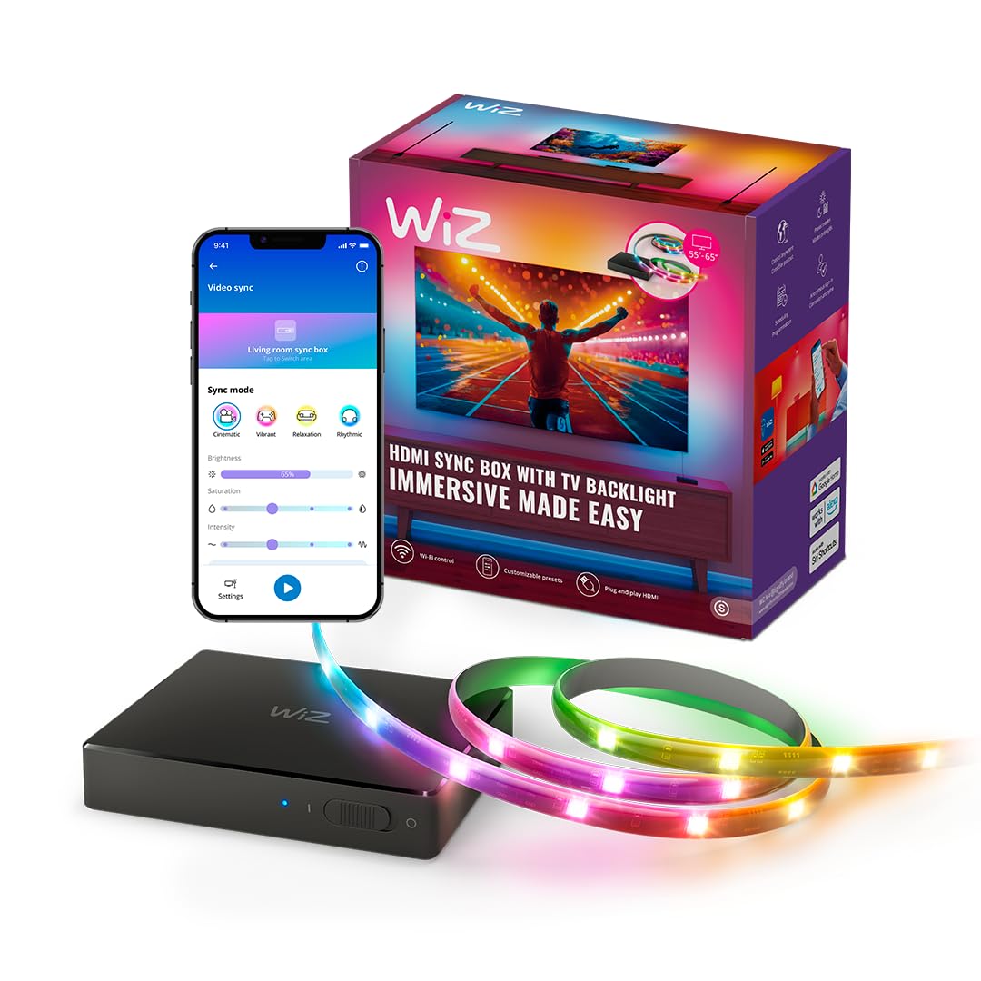 WiZ HDMI Sync Box with TV Backlight – Syncs Light to Your Movies, Games and Music - HDMI 2.0 – Supports 4K at 60Hz - RGBIC LED Strip for 55-65 Inch TVs - App/Voice Control, Works with Google and Alexa