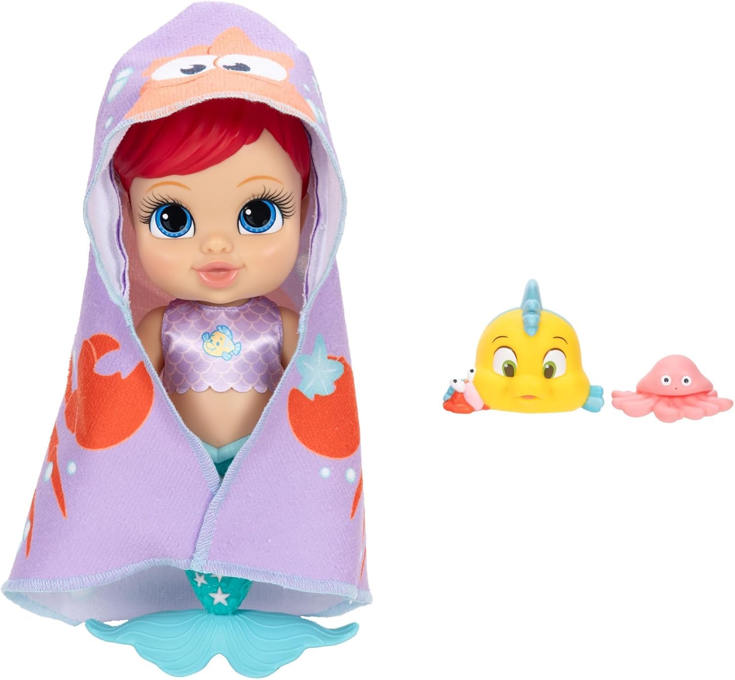 Bambola Ariel Principessa Disney per il bagnetto, 30 cm / 12", Jakks Pacific, cambia colore ad attivazione d'acqua, include spruzzini d'acqua a forma di platessa e medusa, asciugamano Sebastian