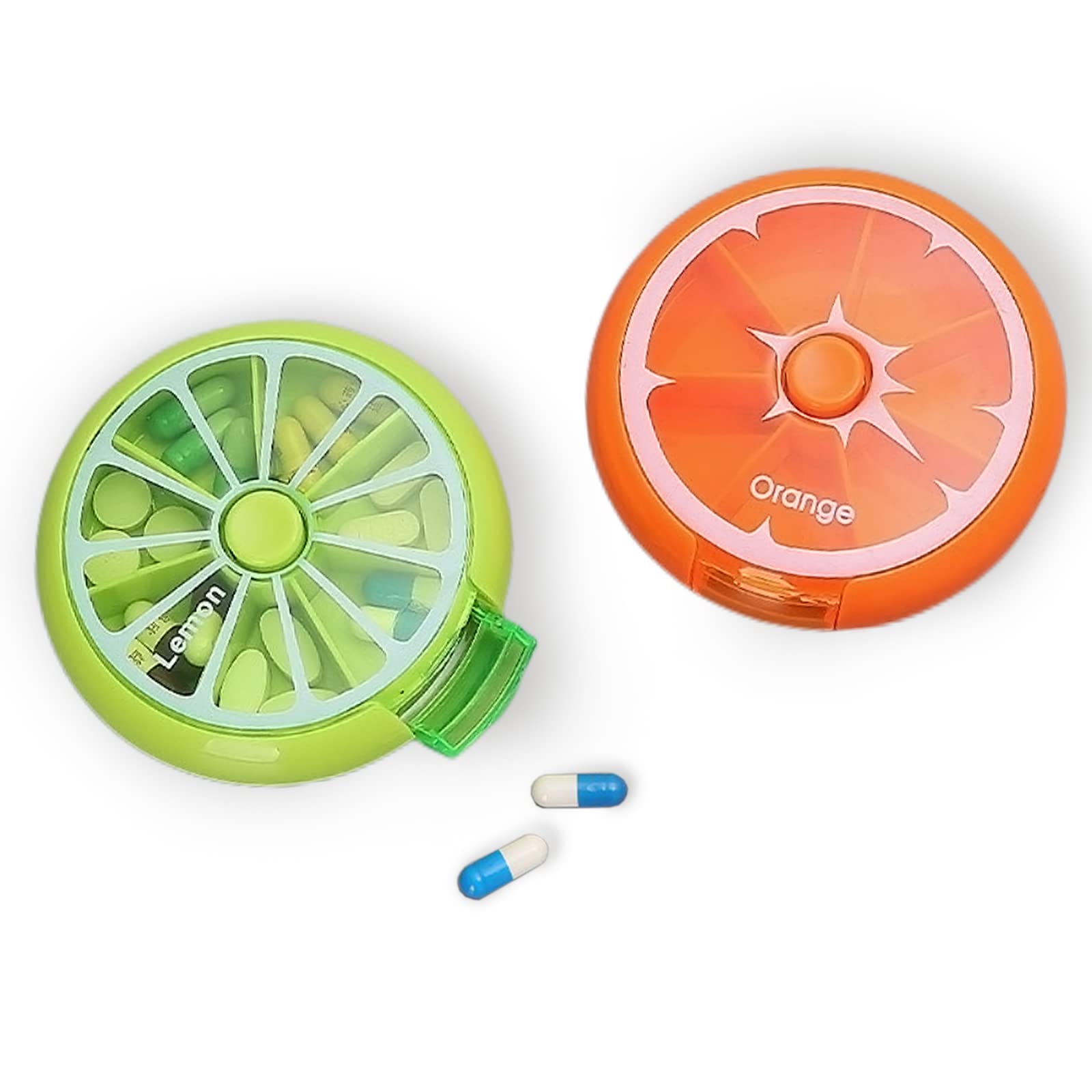 Echehi Travel Pill Box 2Pcs, Weekly Pill Box 7 Day, Small Pill Box Organiser with Compartments for Medication, Supplements, Vitamins, and Cod Liver Oil. Lemon+ Orange