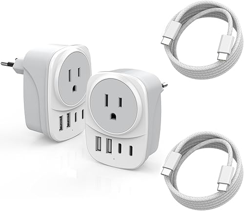 Adaptador de enchufe de viaje europeo de 20 W, 2 puertos USBC y 2 puertos USBA, cable tejido USB C a USB C de carga rápida de 60 W, enchufe de