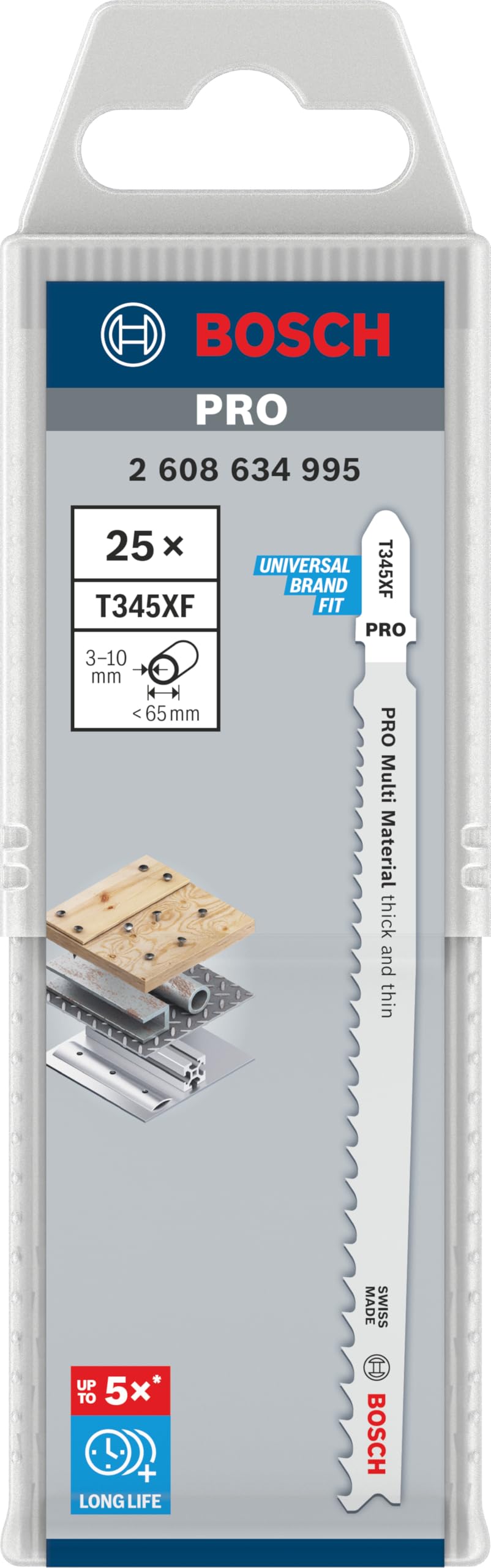 Bosch 25x Lama per seghetto alternativo PRO Multi Material thick and thin T345XF (per Legno con chiodi, Acciaio, Lunghezza 132 mm, Professional Accessorio Seghetto alternativo)