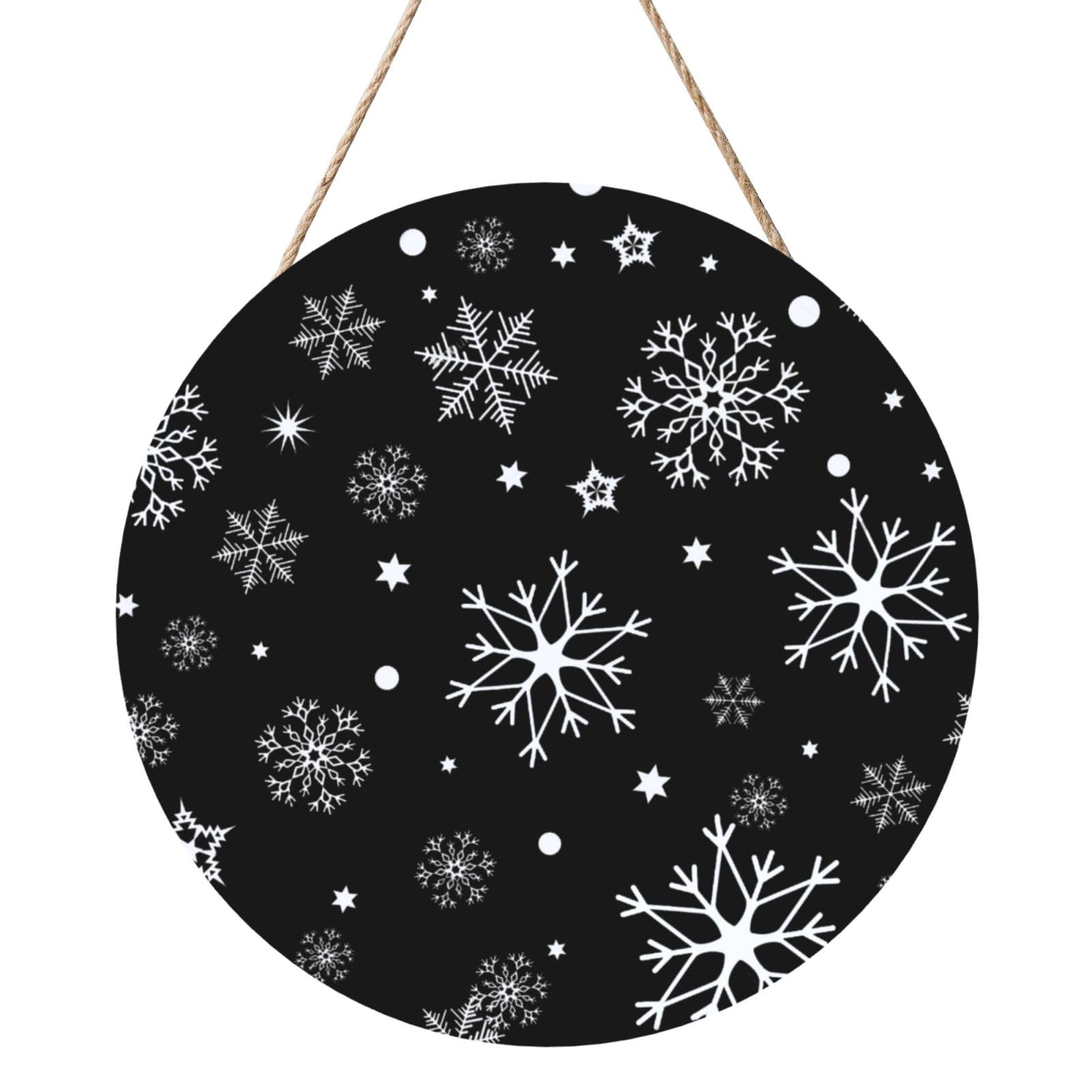 InOmak Christmas Snowflake Black Winter, Round Wood Panel Painting 12 in, Wall Hanging Painting For Home
