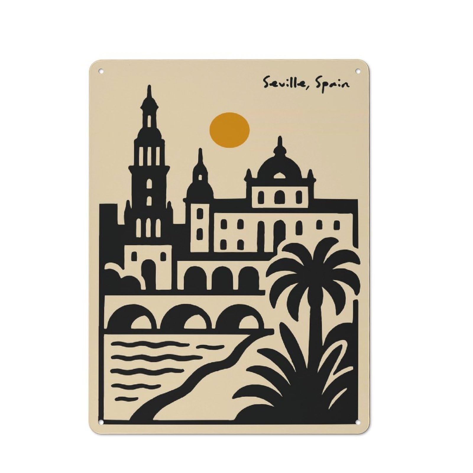 Seville, Spain Cityscape Illustration Decorative Metal Plaque 40x30cm, Shop Front Style Bistro Wall Plaque for Tea Room, Shop Wall Or Breakfast Area