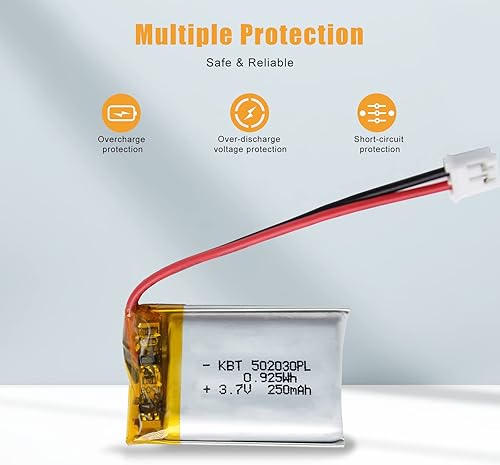 Miniatura 5 de KBT 3.7V 250mAh Batería de polímero de litio 502030 baterías de repuesto de iones de litio recargables Lipo con conector PH2.0 2Pin JST