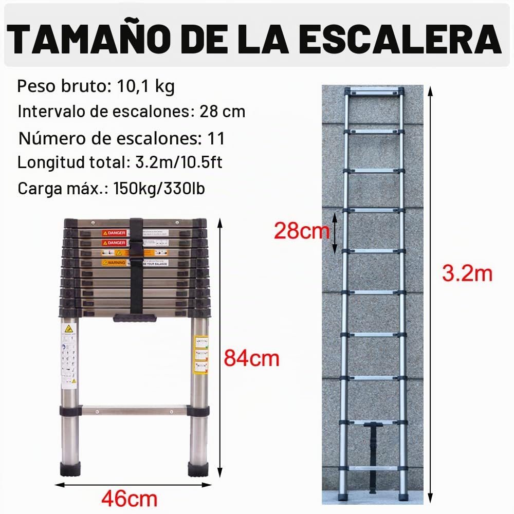 Escalera telescópica de 3,2 m, de acero inoxidable, antideslizante, con 11 peldaños, portátil para exterior e interior, capacidad de carga de 150 kg