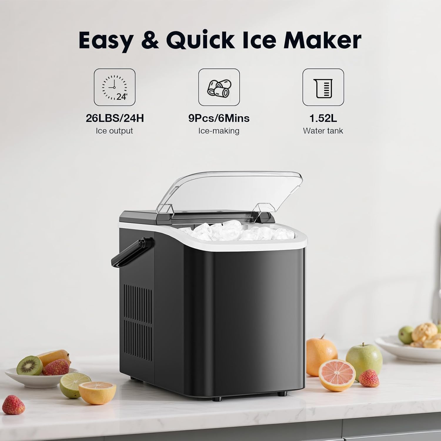 Sweetcrispy Countertop Ice Maker with Scoop, Basket and Handle, Portable Ice Machine 9 Ice Cubes Ready in 6 Mins, 26.5lbs in 24Hrs, 2 Sizes for Home Kitchen Office Bar Party,Bright Black on Fridge.com