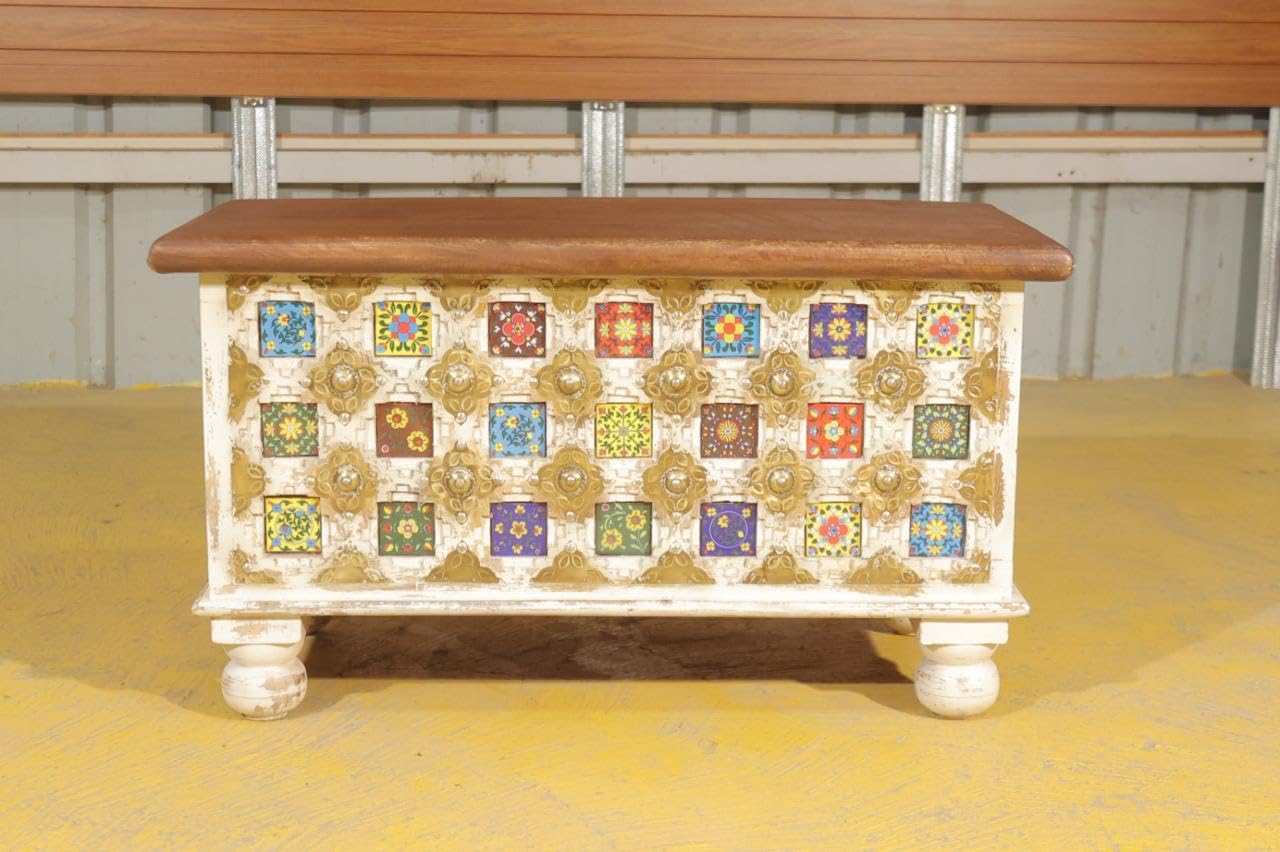 Solid Mango Wooden Storage Trunk | Coffee Table For Living room, Bedroom, Hotel & Home, White Colour, (80 x 40 x 45cm)