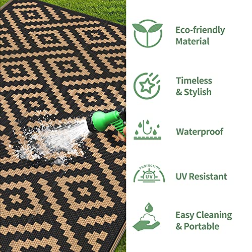Image of GENIMO Outdoor Rug, Waterproof Plastic Rugs 10'x14' for Camping Black Brown | Outside Larger Modern Carpet Mat for Patio Decor, RV, Porch, Camper, Deck, Picnic, Beach, Backyard, Reversible, Foldable