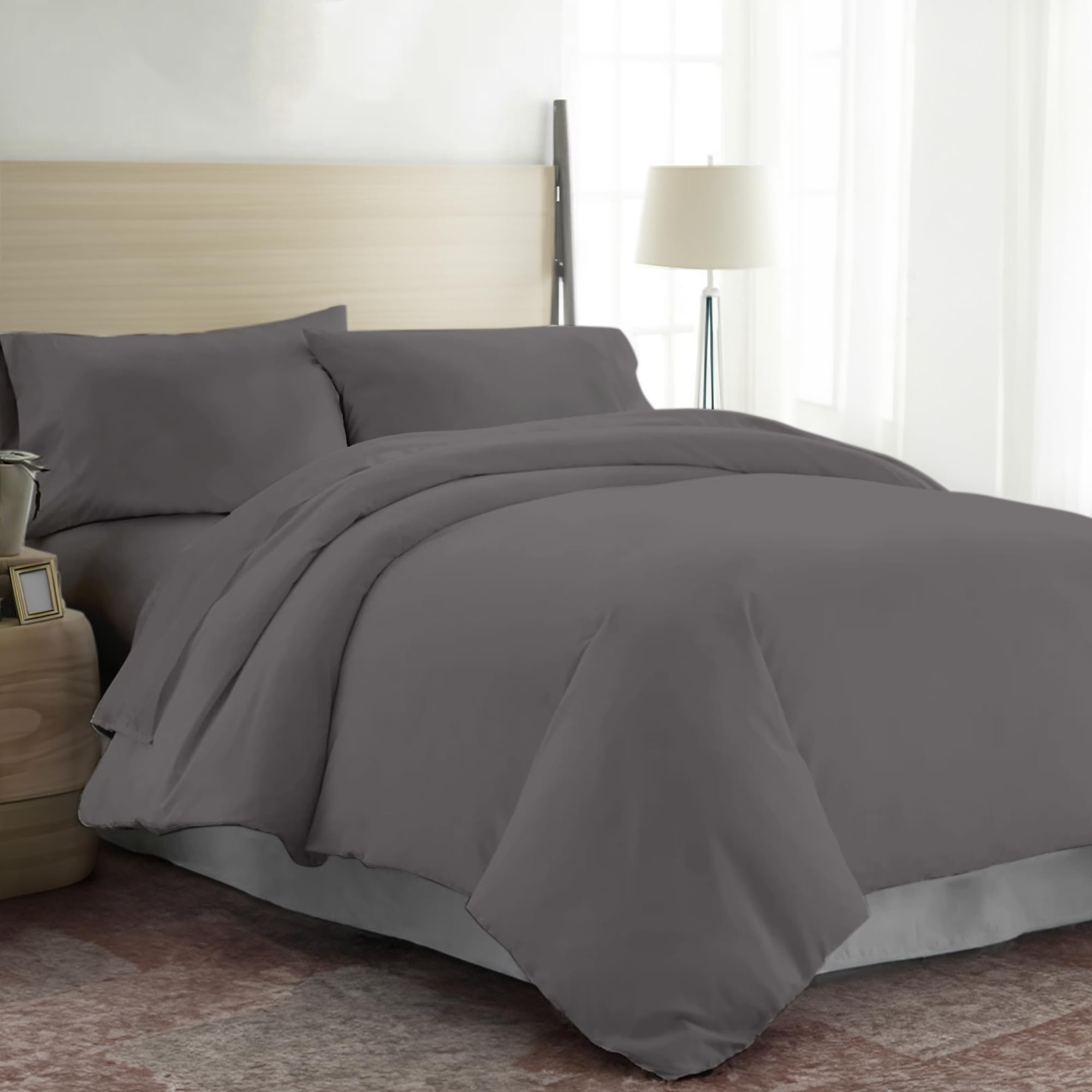 EKOSCIOUS 100% Tencel Lyocell Eucalyptus Sateen Solid, King Size Duvet Cover Set, with 2 Pillowcases, Dark Grey - 300 Thread Count Breathable, Cool & Soft