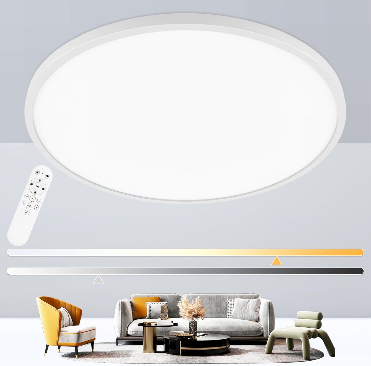 20 Inch Large Flush Mount Ceiling Light Fixture, Dimmable with Remote Control, White, Ultra Thin, 48W 4800Lumen, for Bedroom, Living Room, Kitchen, Dining Room, Home Office