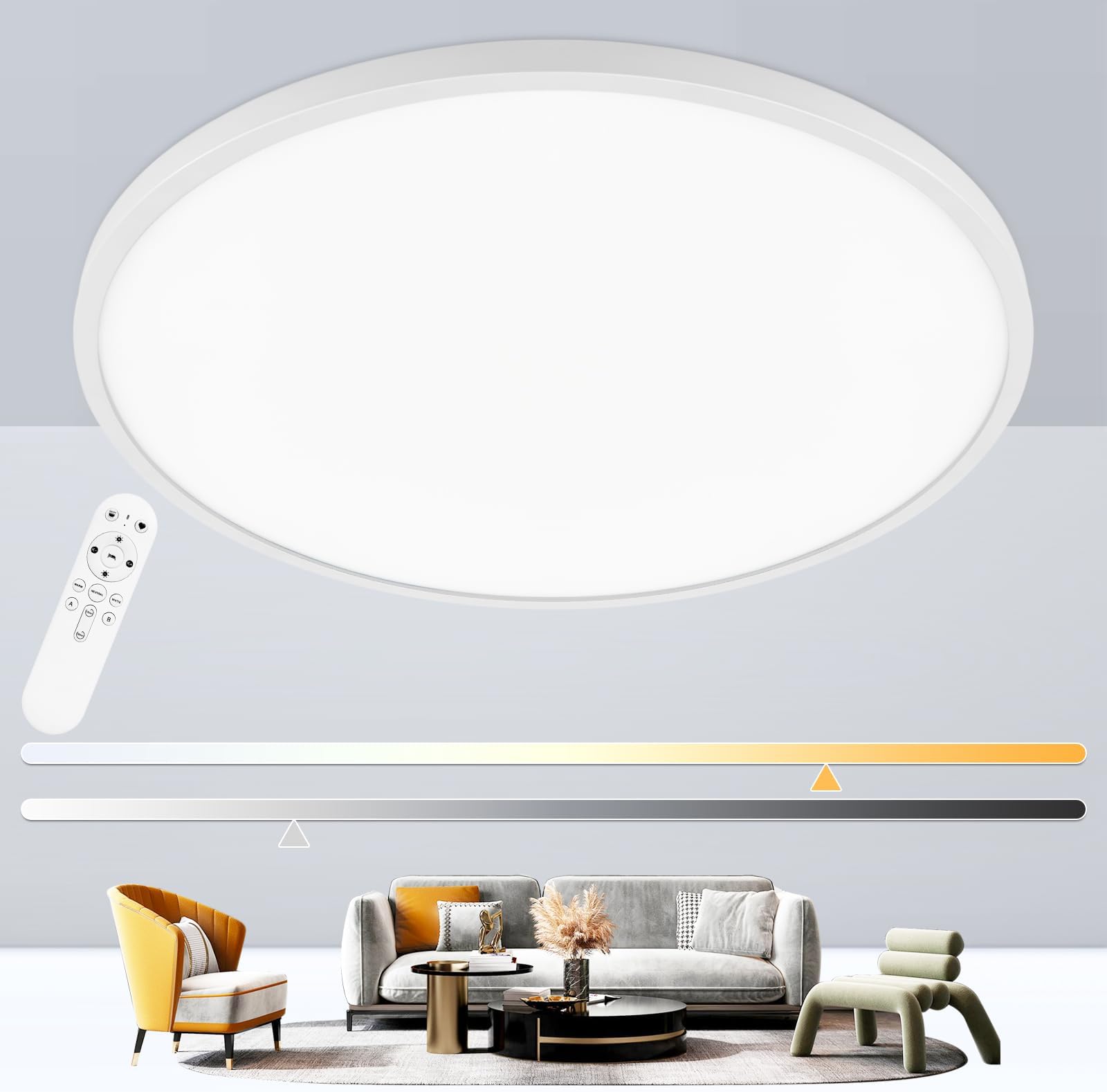 20 Inch Large Flush Mount Ceiling Light Fixture, Dimmable with Remote Control, White, Ultra Thin, 48W 4800Lumen, for Bedroom, Living Room, Kitchen, Dining Room, Home Office