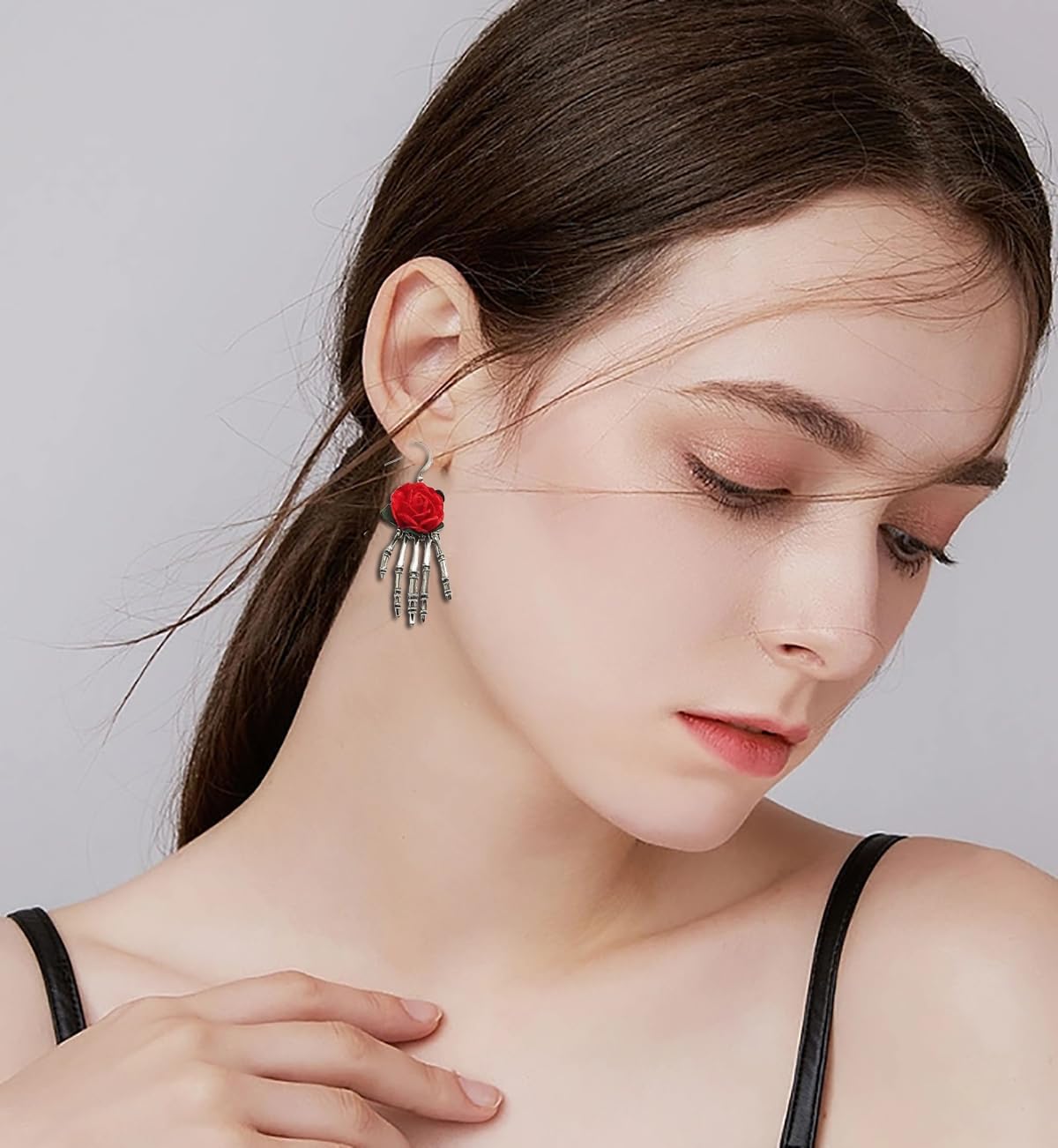 Halloween Skull Hand Earrings for Women, Vintage Gothic Spooky Skeleton Rose Flower Drop Dangle Earring, Hypoallergenic Hook Punk Jewelry Gifts for Party Costume Dress Up Ghost - Image 2
