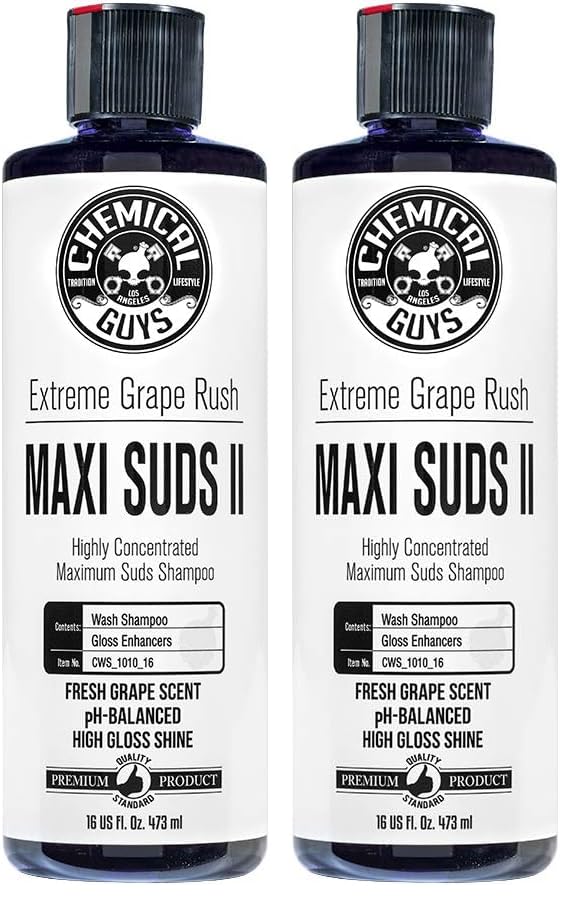 Image of Chemical Guys CWS 1010 16 Maxi-Suds II Foaming Car Wash Soap (Works with Foam Cannons, Foam Guns or Bucket Washes) Safe for Cars, Trucks, Motorcycles, RVs & More, 16 fl. Oz, Grape Scent (Pack of 2)