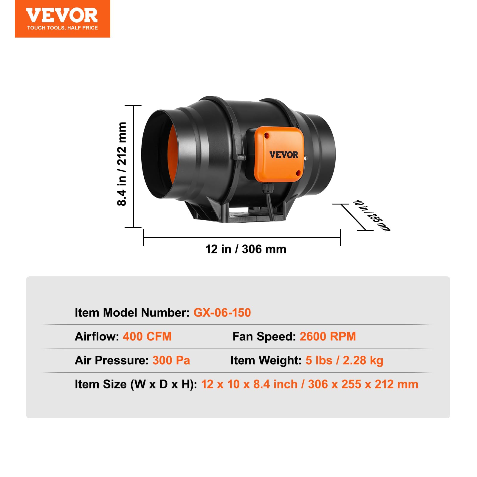 VEVOR Ventola per Condotto in Linea 306 x 255 x 212 mm Ventola di Scarico Silenziosa con Regolatore Velocità Variabile, Motore CA, per Booster Raffreddamento, Tende Coltivazione, Coltura idroponica
