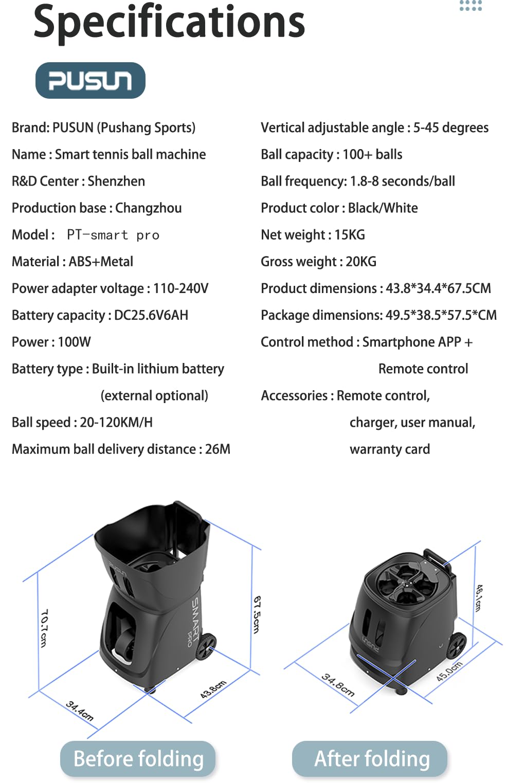 Macchina Lanciapalle PT-Smart PRO per Tennis e Padel – Oscillazione Interna, Controllo Via App e Telecomando, 100+ Palline, 20–120 km/h, 1.8–8 s/Palla, Batteria 5–8H, per Tutti i Livelli