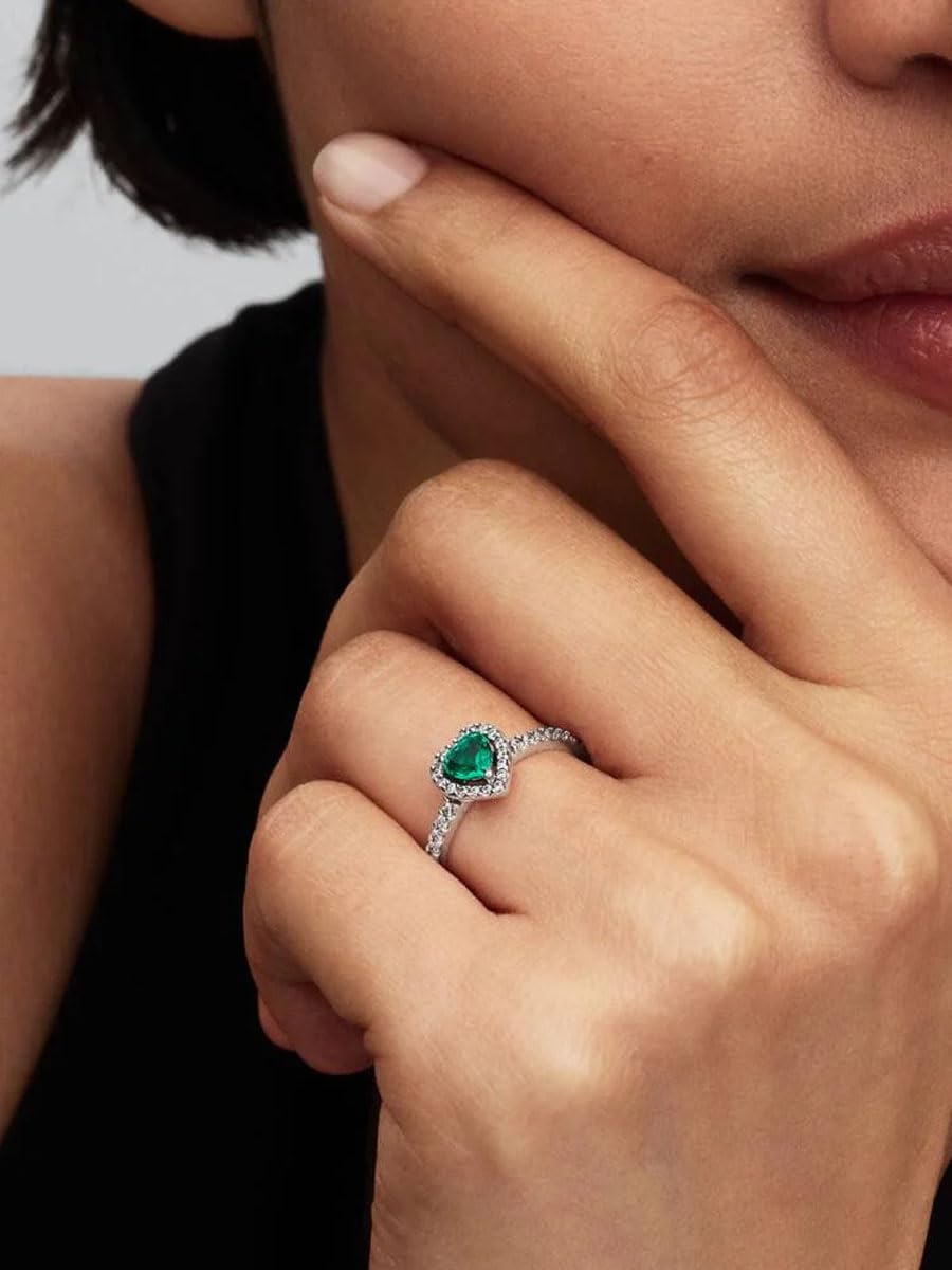 PANDORA Anillo de Plata para Mujer Corazón Exaltado Verde Royales 198421C07
