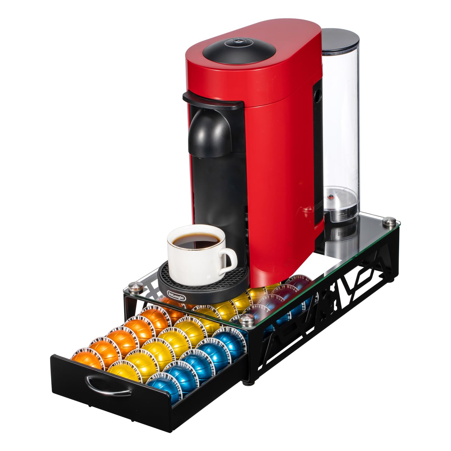 FlagShip Vertuo Pod Drawer Glass Top Coffee Capsule Organizer &amp; Space-Saving for Nespresso Pod Holder Coffee Machine Stand(30 Vertuo Pods Capacity)