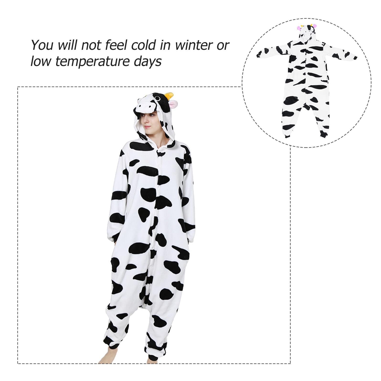 Pigiama Intero Donna in Flanella Stampa Cartone Animali Mucca, Caldo e Confortevole per Autunno e Inverno, per Cosplay e Relax a Casa