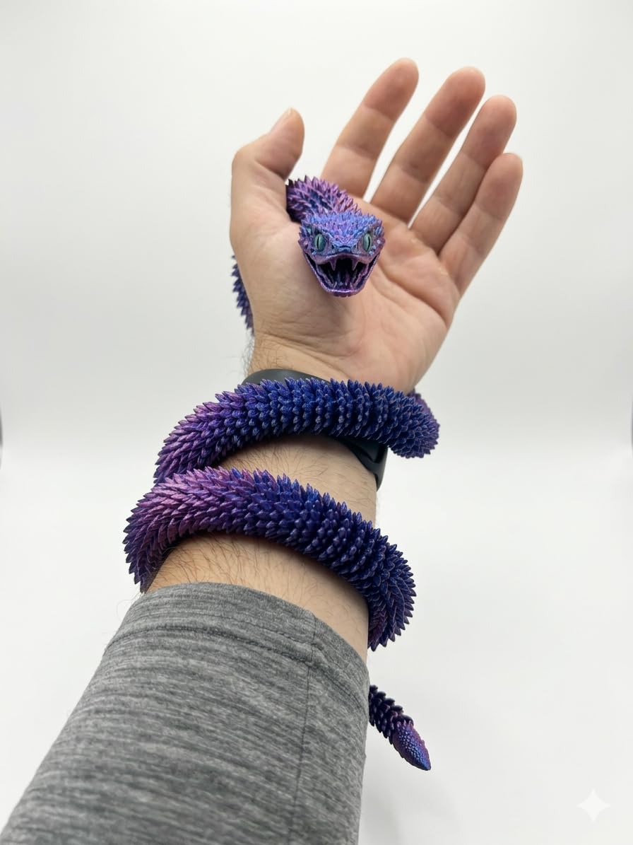 Articulated Crystal Snake – 3D Printed Flexible Snake Figurine, 58 cm (23 in) Poseable Serpent with Movable Mouth, Realistic Eyes, Fantasy Desk Decor (Purple) - 3
