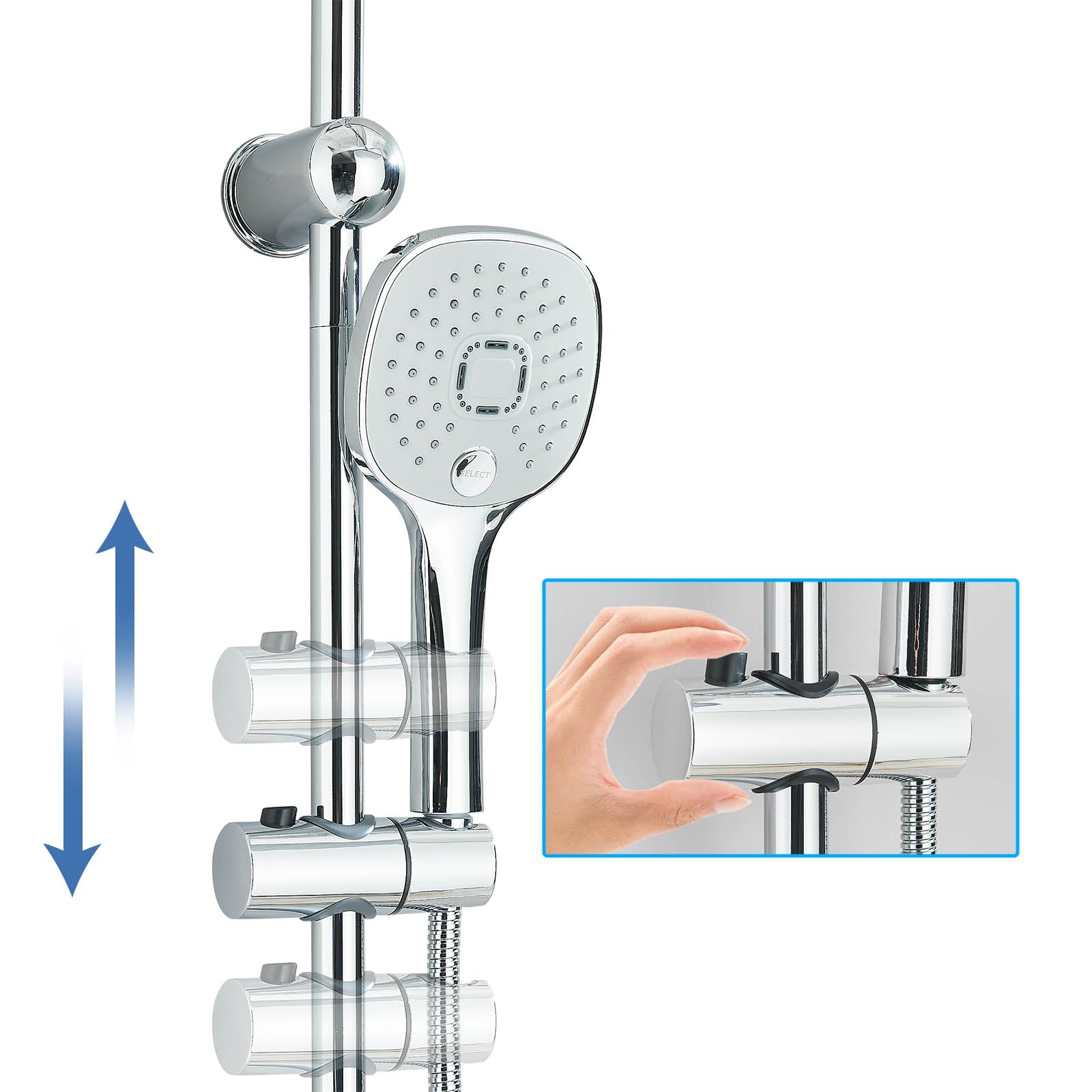 Sistema doccia cromato regolabile in altezza Doccia a pioggia con soffione a pioggia Soffione doccia e doccetta completa per bagno