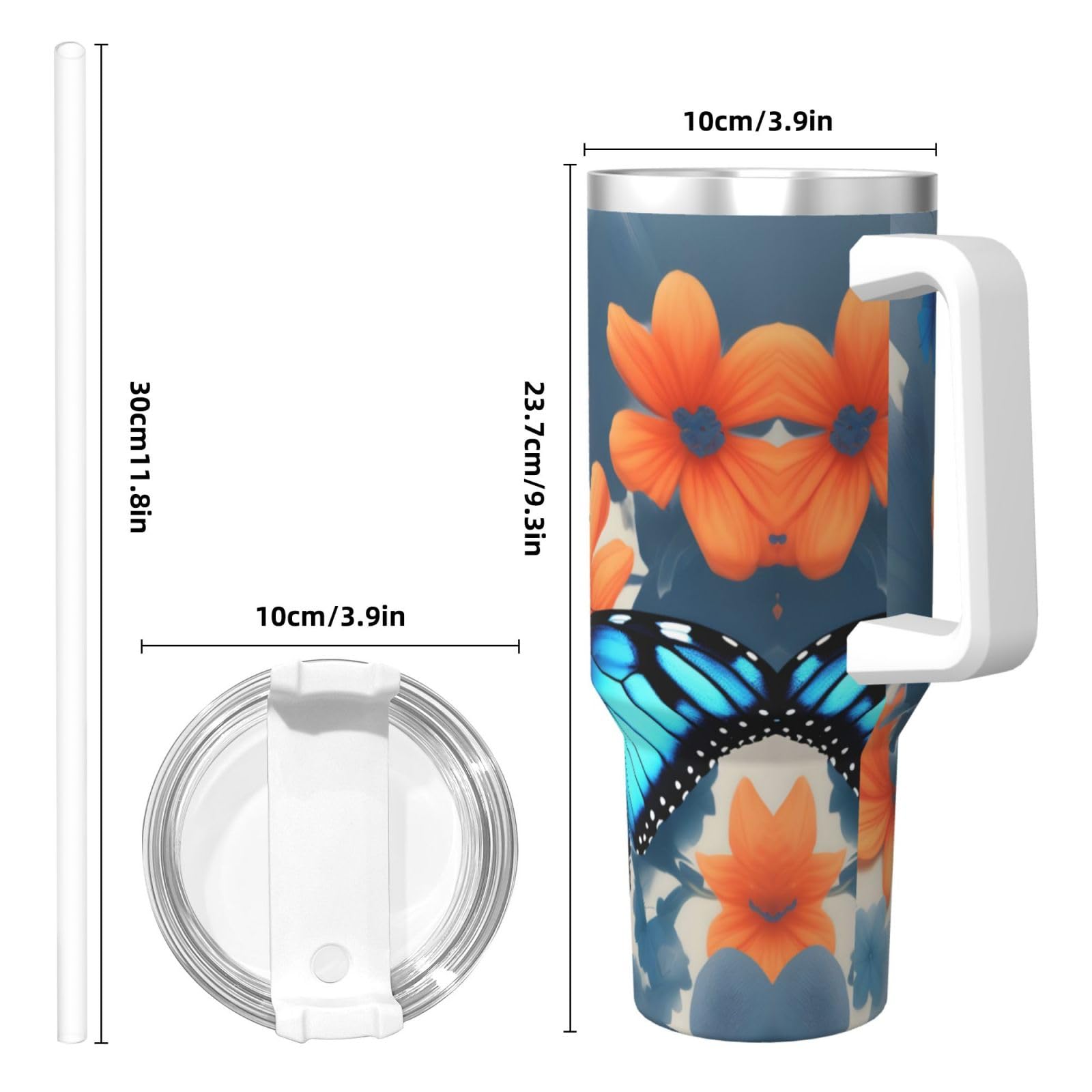 Blue Butterfly Ice Bully Doppelwandige isolierte Wasserflasche mit Griff und Strohhalm-Deckel, 1,2 l