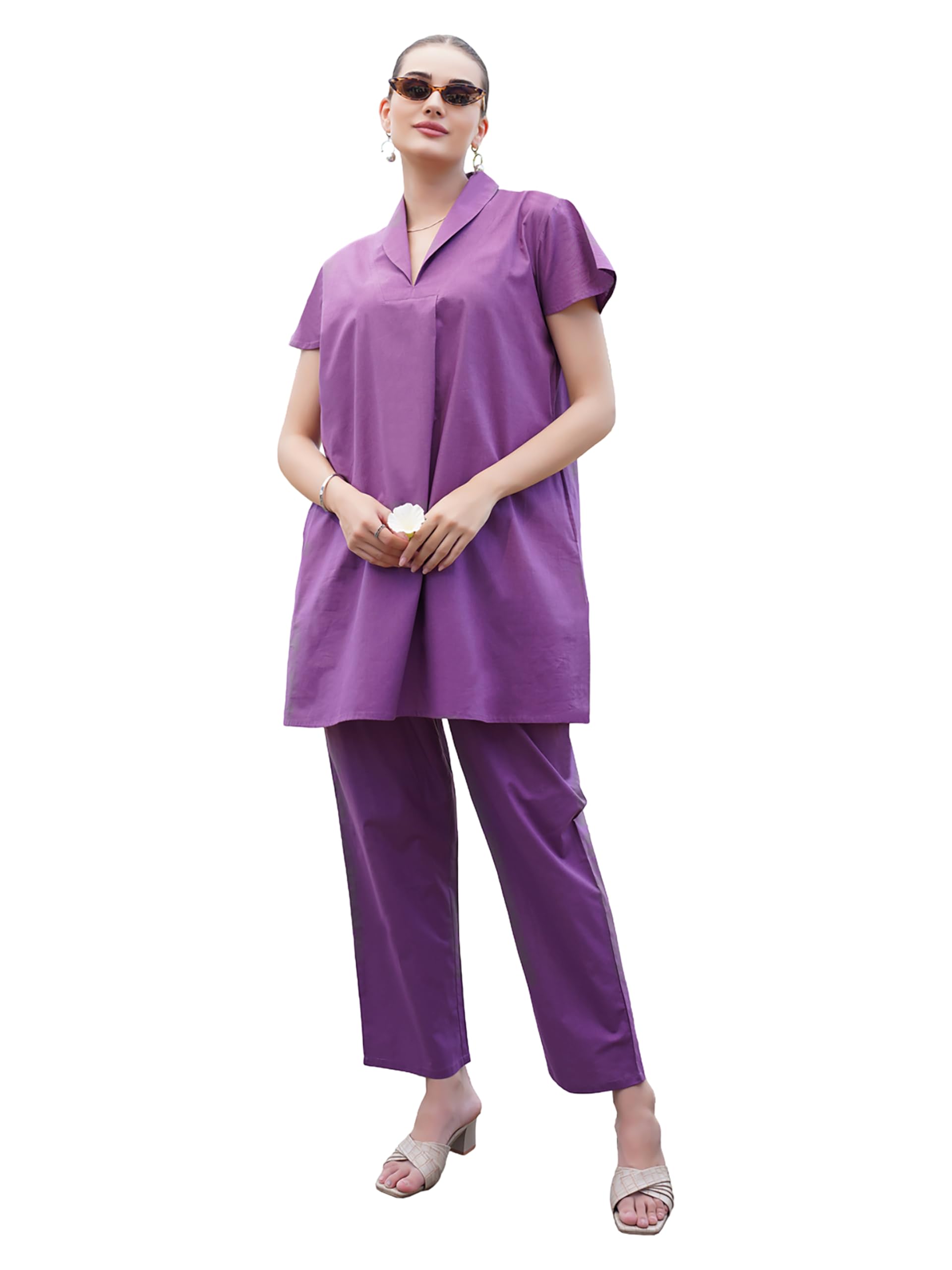 tittli Women Solid Cotton V-Neck Collared Tunic & Trouser Co-Ord Set for Women | Short Sleeves & Elasticed Waistband Bottom | Casual Wear Outfit | L, XL, XXL, 3XL-picture-37