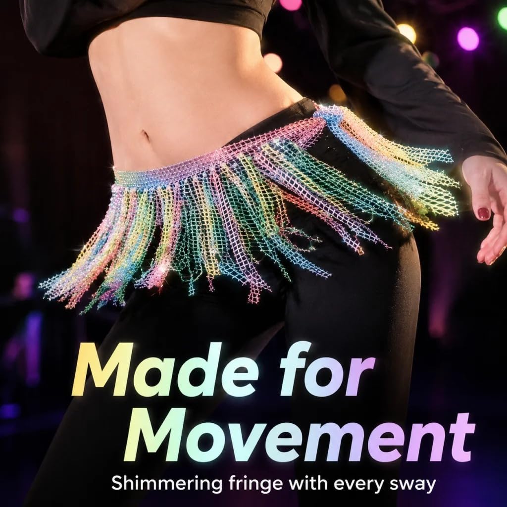 Women Belly Dance Waist Chain Colorful Rhinestone Mesh Hip Scarf Fringe Skirt Festival Performance Waist Belt