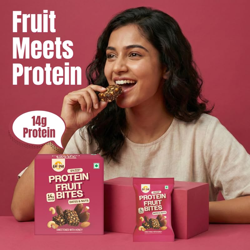 Image of Eatopia Dates & Nuts Protein Bars without Sugar | 14g Protein per 100g | No Preservatives & Refined Sugar | Dry Fruits Energy Bars | Healthy Food | Oats, Honey, Nuts & Seeds | Fruit Bites | Pack of 2 (5 Minis per Box)