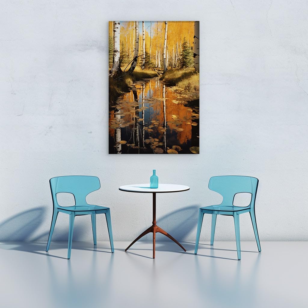 Canvas for Living room. Autumn Serenity in Aspen and Birch � A Tranquil Waterscape Adorned with Lily Pads, 27 x 18 inch Canvas Wall Art - Contemporary Masterpieces - Modern Home Decor