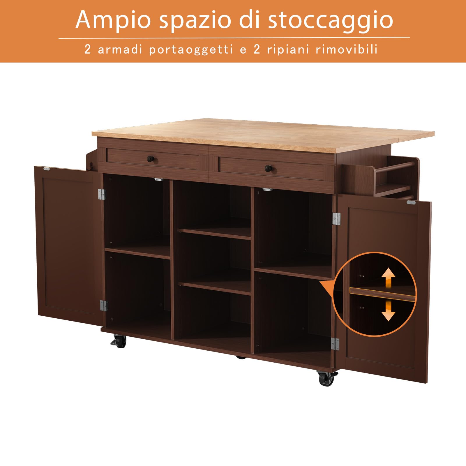 HOLTICO Isola Cucina Pieghevole con Ruote Bloccabili, Carrello Cucina Multifunzione con Piano Ribaltabile e Armadio di Stoccaggio, Arredo Salvaspazio per Cucina e Sala da Pranzo, Marrone Caffè