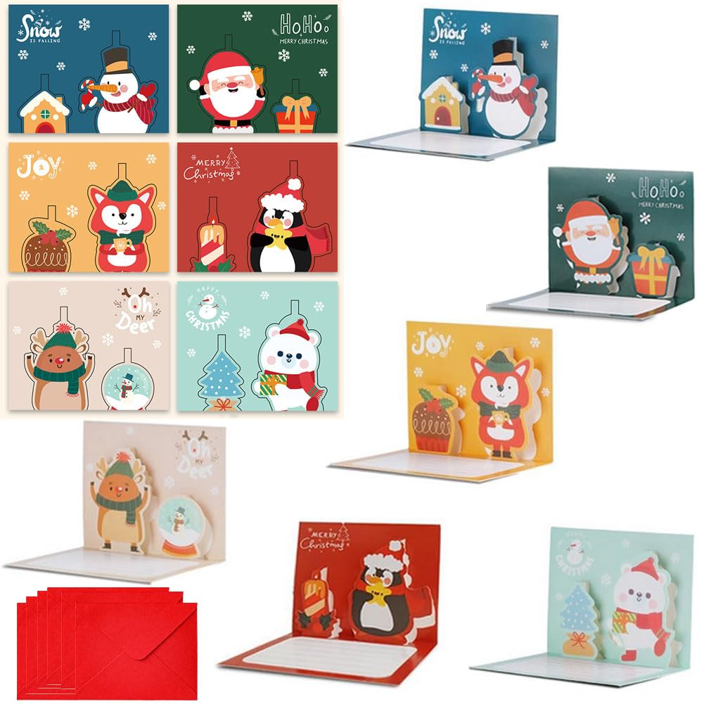 3D Christmas Cards set, 6 Pack Small Pop Up Card with Envelopes