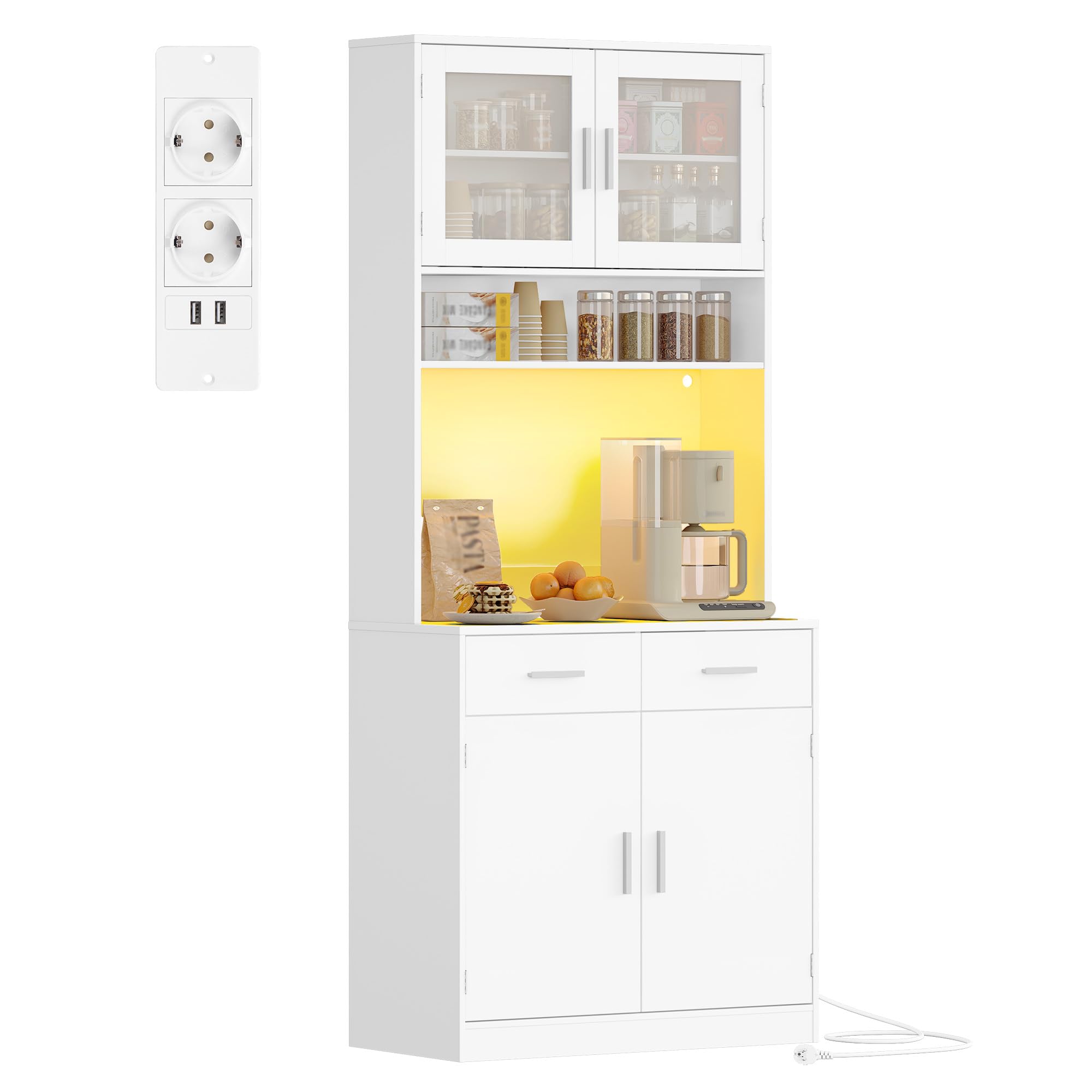 Hzuaneri Buffet, Meuble Cuisine Haut à 2 tiroirs, Meuble de Rangement avec multiprise et éclairage LED, 2 Portes vitrées, Cuisine, Salon, 40 x 80 x 190 cm, Blanc, PT10203XEU