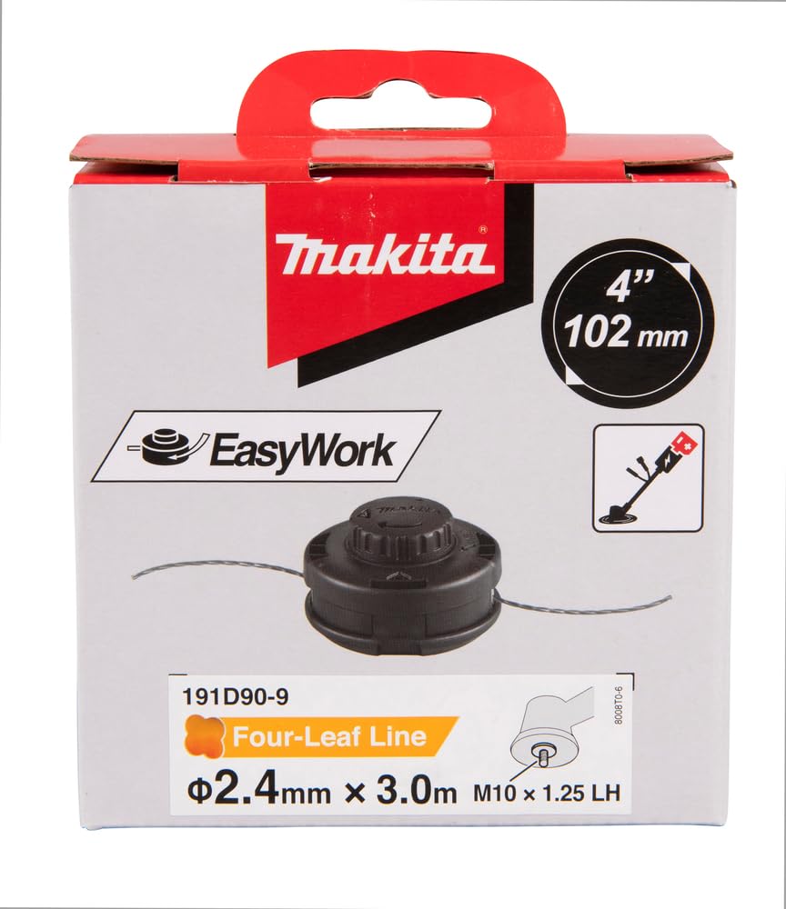 Makita 191D90-9 2-Fadenkopf Tap&Go M10 x 1,25, Linksgewinde, Ø 102 mm, mit 2,4 mm Four-Leaf Mähfaden, 3 Meter lang, Tippautomatik, passend für Akku-Rasentrimmer und Akku-Freischneider