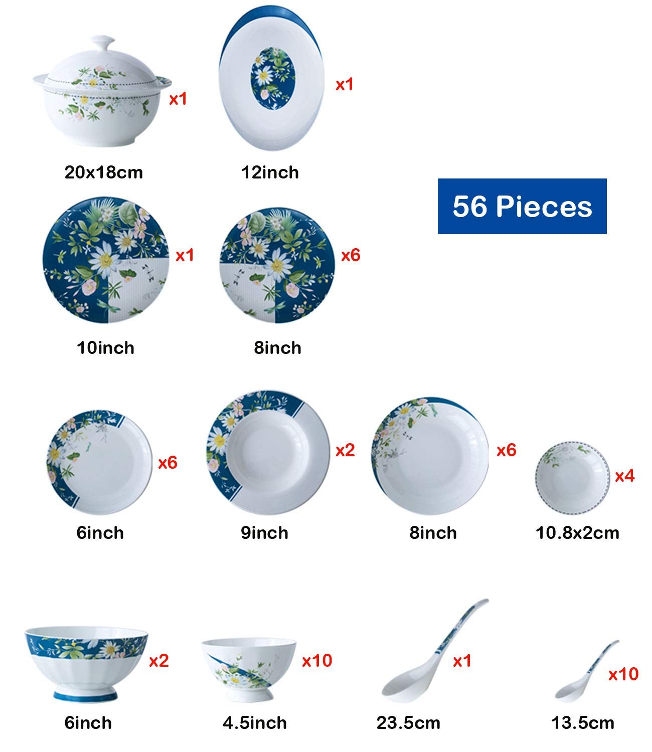 56-częściowa luksusowa zastawa stołowa na 10 zestawów Ceramiczna zastawa stołowa Miska i talerz Kubki Łyżka Prezent dla gospodarstwa domowego