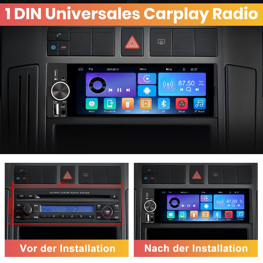 1 DIN Universales Autoradio, Carplay, Android Auto, Online-Navigation | 6,36 Zoll Touchscreen, RDS, Typ-C-Anschluss, USB-Anschluss, Bluetooth, Rückfahrkamera