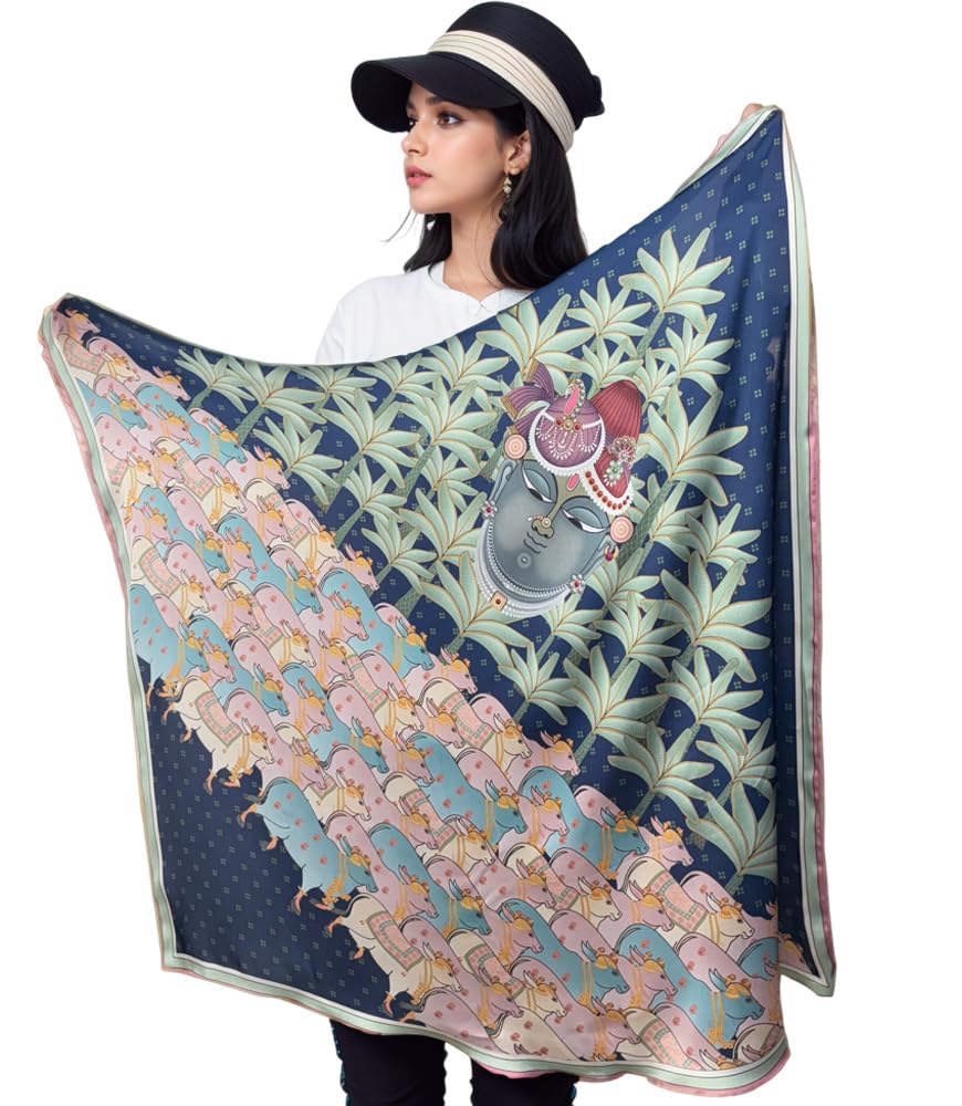 Decorative Silk Square Scarf with Krishna Design, Navy Blue and Pastel Print, Traditional Indian Art Pattern-image-12