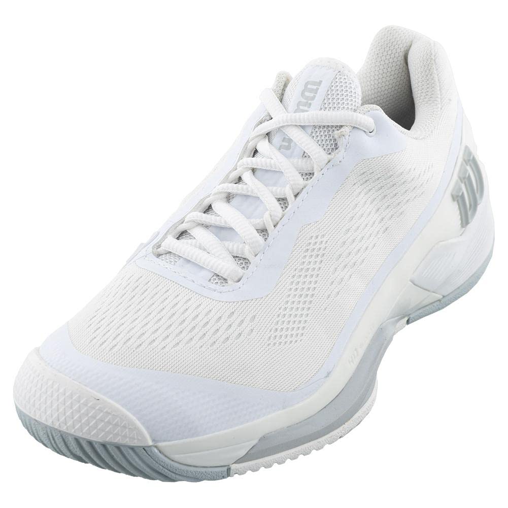 Frontal view of a white Wilson Rush Pro 4.0 tennis shoe, showing laces and overall design.