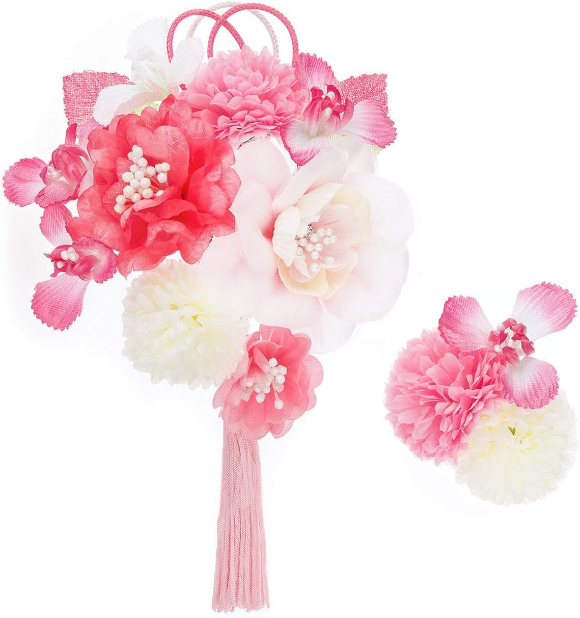 花＊花となっております ソウビエン) 髪飾り 成人式 卒業式2点セット 桃色 白 ピンク 菊 花 水引