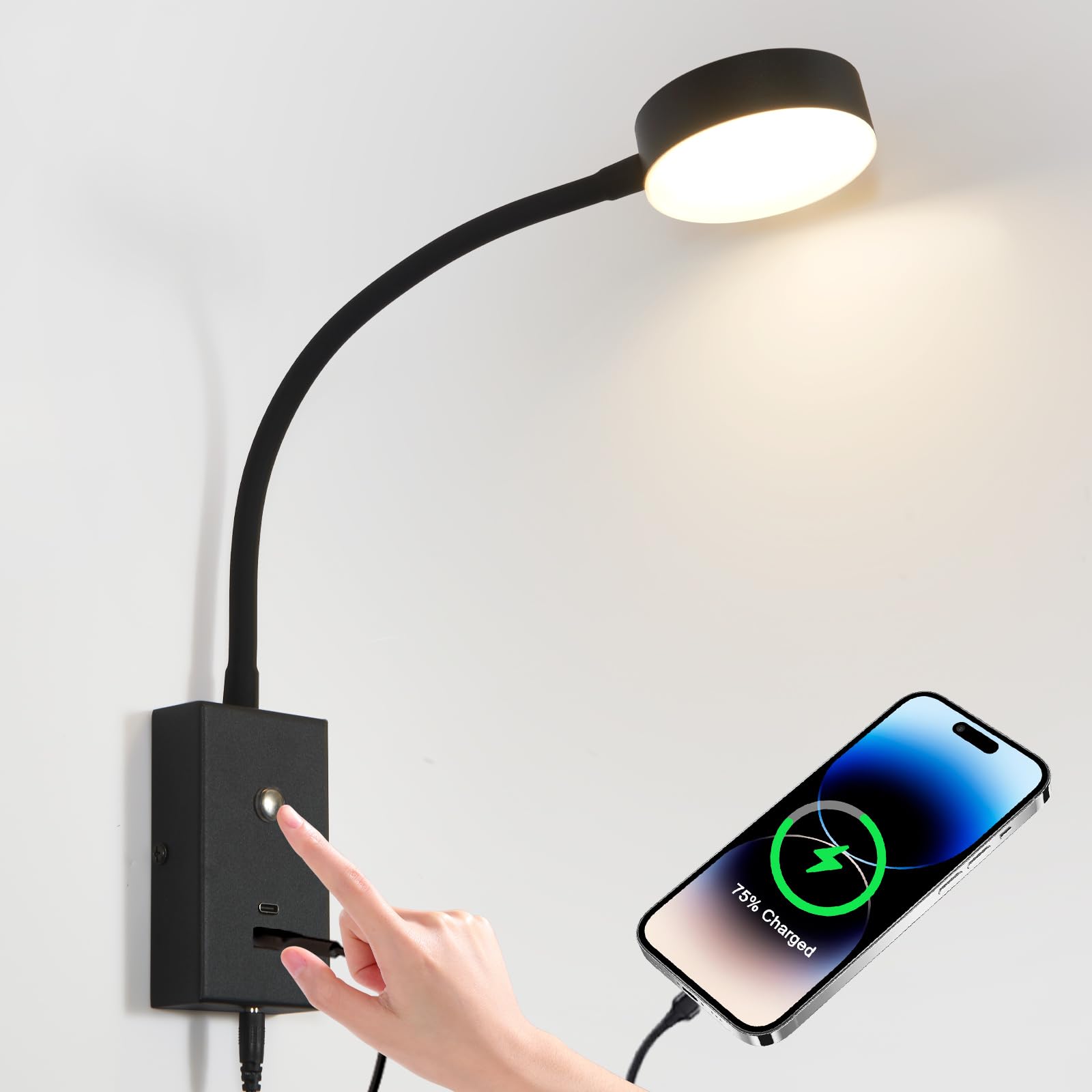 Photo 1 of NOVCAND Plug-in Gooseneck Wall Reading Light with USB-C