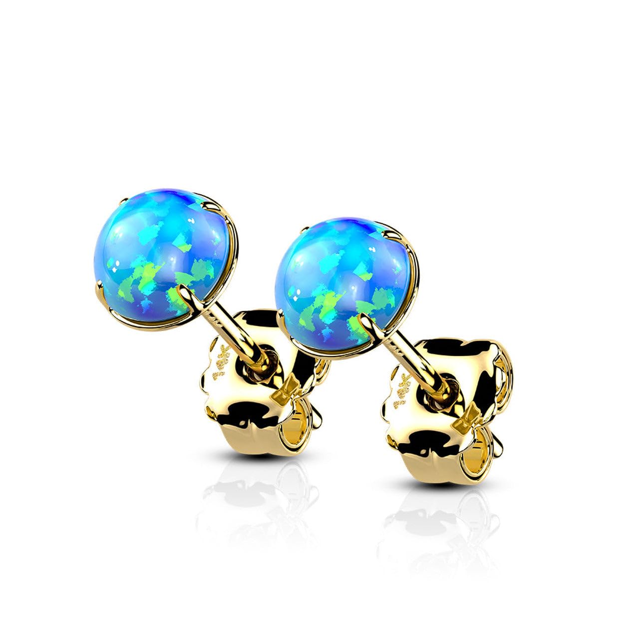 14 Karat Solid Gold Earring Stud 20 Gauge with Prong Set Opal - Pair Yellow Gold/Opal Blue / 5 MM