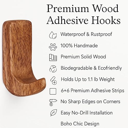Miniatura 4 de Indian Shelf 6 ganchos, 12 tiras que no dañan pequeños ganchos de pared de madera adhesivos bohemios, gancho de pared decorativo para colgar