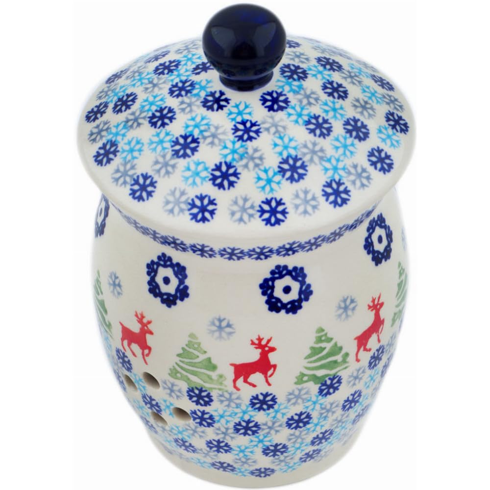 Authentic Polish Pottery Garlic and Onion Jar in Ring Around The Reindeer Design Handmade in Boles?awiec Poland + Certificate of Authenticity