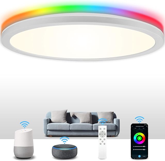 Smart WiFi Ceiling Light, Alexa Bathroom Light 24W 2200LM, 2700K/6500K RGB Dimmable, Waterproof Flush Ceiling Light Work with Alexa, Google Home, Voice Control, Remote, No Hub Required, Ø42cm