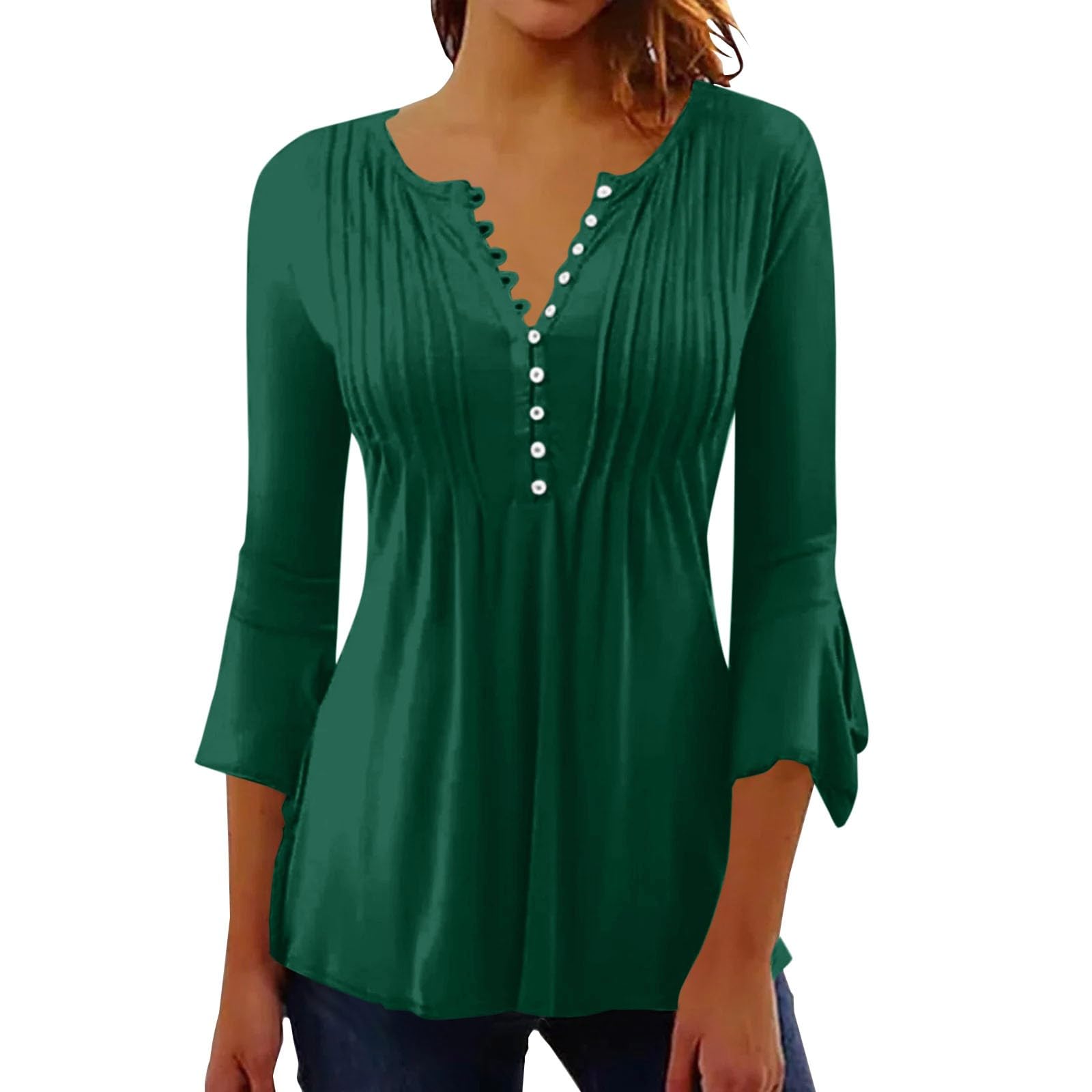 Fall Tops for Women 2024 Trendy Solid Color Tunic Shirts 3/4 Bell Sleeve Button v Neck Tshirt Casual Loose Blouse