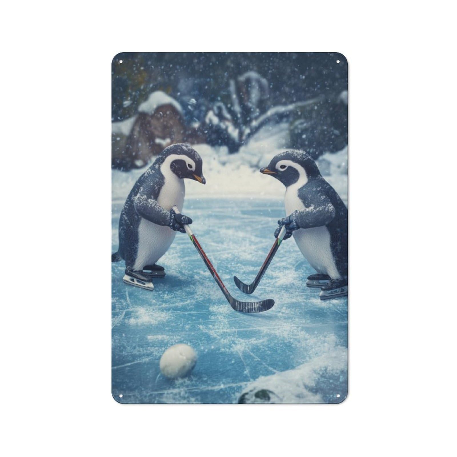 Junmoney Penguin Playing Hockey For Garden Room Or Summerhouse, Rustic Tin Sign 30X20cm, Wall Decor For Garden Rooms And Summerhouses