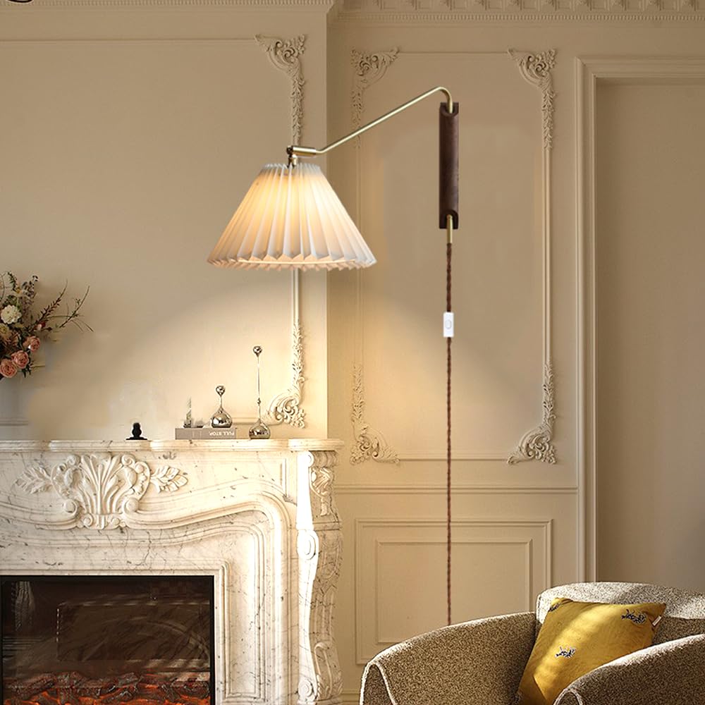Generico Lampa ścienna z obrotowym ramieniem lampka do czytania z przewodem plisowany klosz Vintage drewniane regulowane mosiężne ramię do sypialni łóżko nocne salon