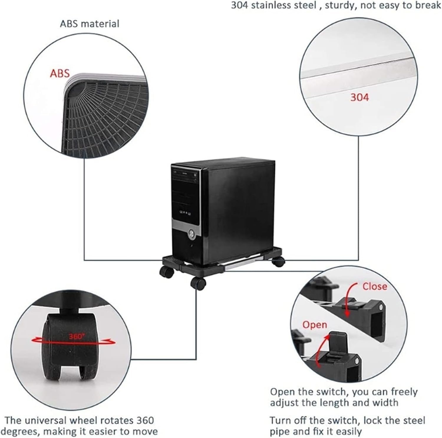 Soporte rodante, | Soporte de CPU móvil, soporte de chasis de refrigeración de host de PC ajustable con rueda giratoria de bloqueo(Black)
