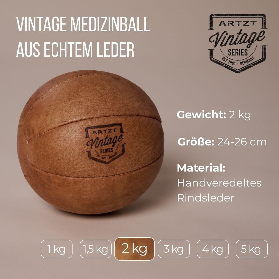 ARTZT Vintage Series Medizinball | Handveredeltes Rindsleder | Einzigartiges Design | Made in Germany | Robust & Langlebig | Ideal für Wohnzimmer & Trainingsraum (2 KG)