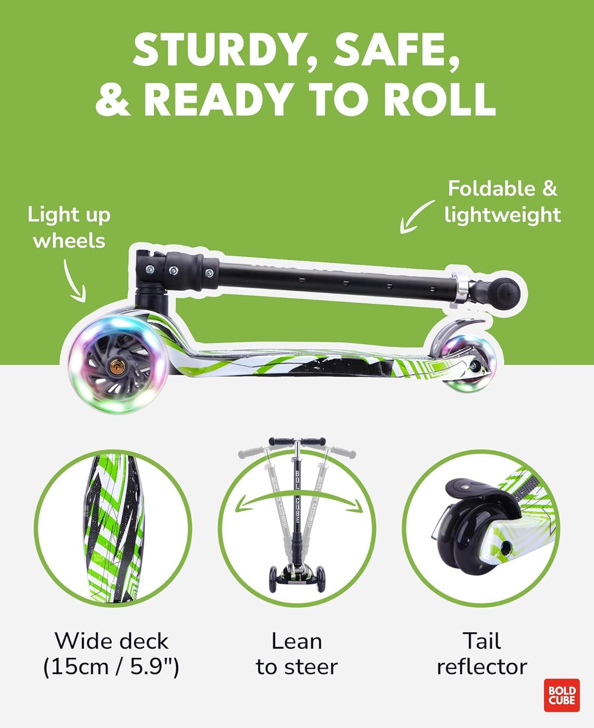 BOLDCUBE Big Fold | Three Wheel Scooter for Children Ages 5-10 Years | LED Wheels with Flashing Lights | Height Adjustable 65 to 89 cm | Rear Reflectors